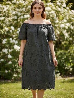Valentina Naldi Off-Shoulder Eyelet Midi Dress in Charcoal Size Small 100%Cotton